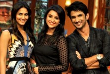 Parineeti chopra with vaani kapoor (left) and sushant singh rajput at a promotional event for shuddh desi romance in 2013.